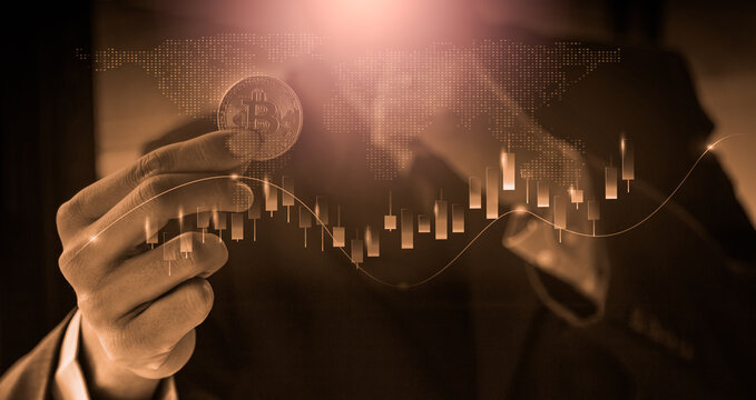 Modern way of exchange. Bitcoin is convenient payment in global economy market. Virtual digital currency and financial investment trade concept. Abstract cryptocurrency with gold bitcoin background.
