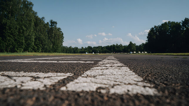 Low Angle View of Empty Asphalt Runway with White Markings Surrounded by Green Forest Under Blue Sky