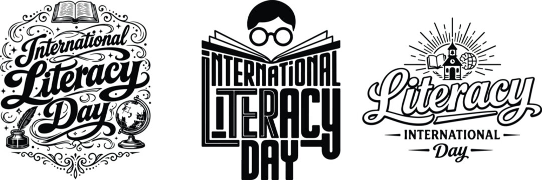International Literacy Day Typography Emblem Vector Set
