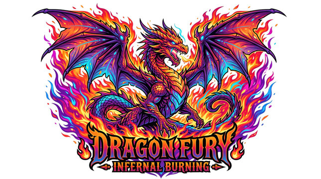 A vibrant dragon illustration emerges from stylized flames showcasing intricate detail and fiery colors