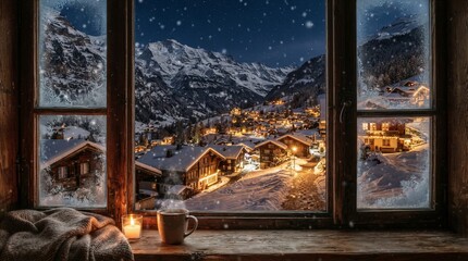 Fototapeta premium Snowy mountain village illuminated at night from window