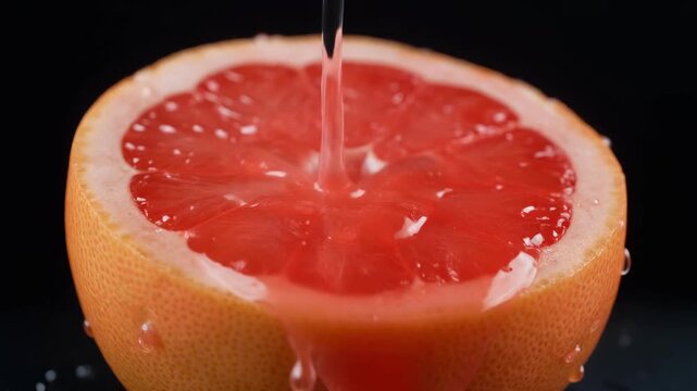 Fresh grapefruit half being poured with juice in slow motion