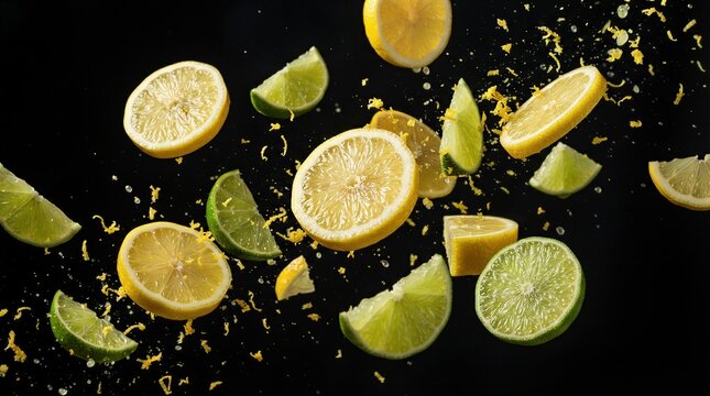 Lemon and lime slices suspended in motion over dark black background