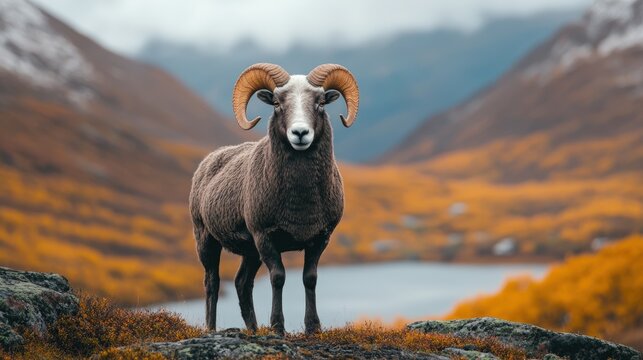 A wild ram with large curved horns stands on rocky terrain in a vibrant autumn mountain landscape.