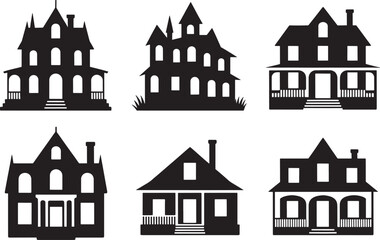 Naklejka premium Set of six black silhouette haunted houses, halloween scary building collection, spooky residence.