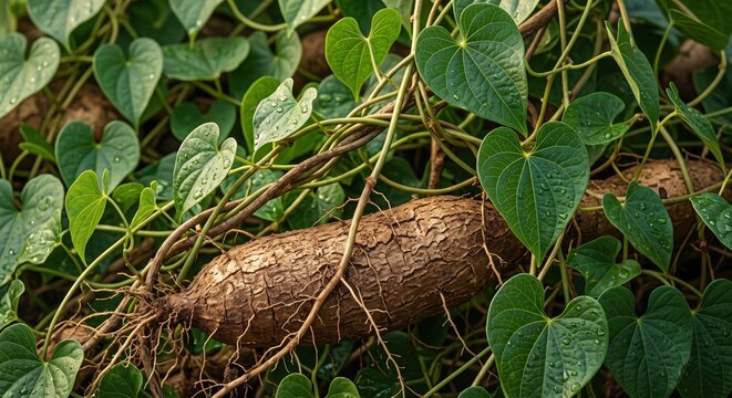 Raw cassava root harvested from the ground, surrounded by lush green heart-shaped leaves and thin vining stems in a tropical agricultural field setting