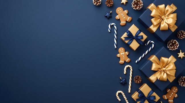 Wrapped gifts candy canes gingerbread men and pinecones are arranged on a deep navy blue background christmas holiday presents package candycane striped