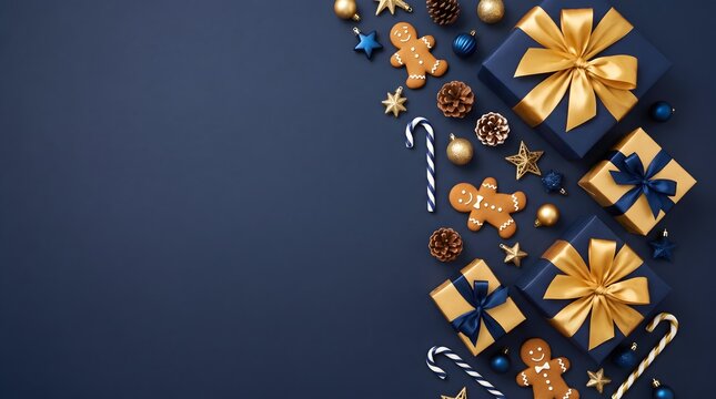 Dark blue background displays christmas gifts gingerbread men candy canes and golden ornaments arranged diagonally presents gingerbreadmen cookies candycanes coneflower pinecones starfish