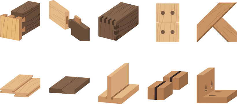 Woodworking Joints Set with Dovetail Mortise Tenon Box Joint Mitre Tongue Groove and Pocket Hole Elements for Carpentry Graphic Designs