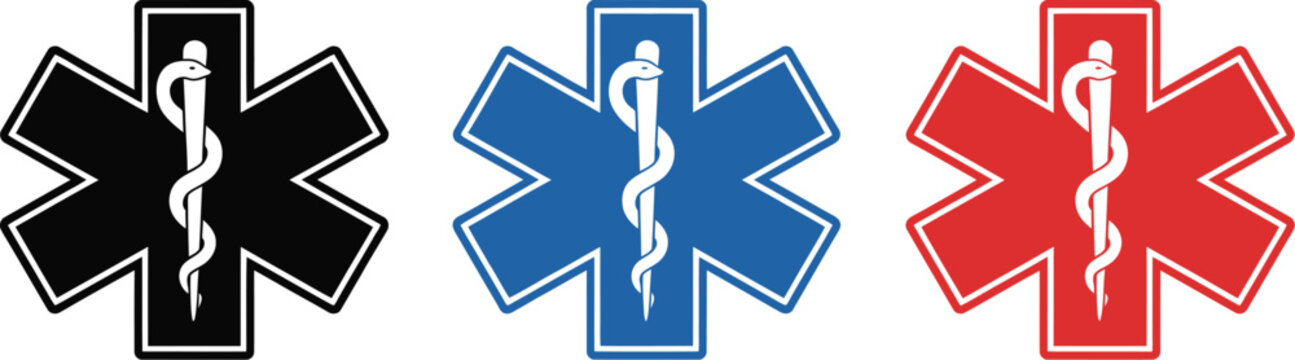 Emergency medical star of life icons featuring Asclepius rod symbols for EMS, ambulance response, healthcare rescue, paramedic services, first aid, emergency treatment, and medical vector illustration