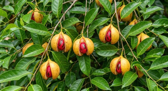 Ripe nutmeg fruits hanging on a tree branch with split yellow husks, revealing bright red mace arils and dark brown seeds nestled within green foliage