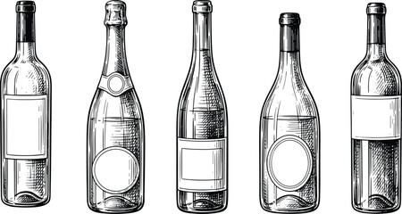 Hand Drawn Wine and Champagne Bottles Set with Blank Labels for Beverage Branding, Restaurant Menus, Vineyard Logos, and Packaging Designs © Bristy