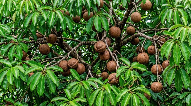 Pachira aquatica tree with numerous round, brown seed pods hanging from woody branches among dense, bright green, palmately compound leaves in a tropical garden setting