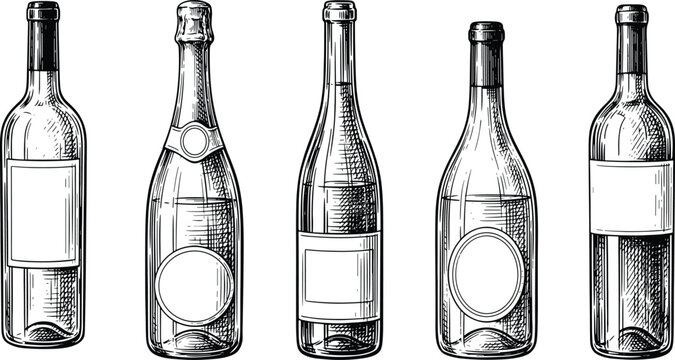 Hand Drawn Wine and Champagne Bottles Set with Blank Labels for Beverage Branding, Restaurant Menus, Vineyard Logos, and Packaging Designs