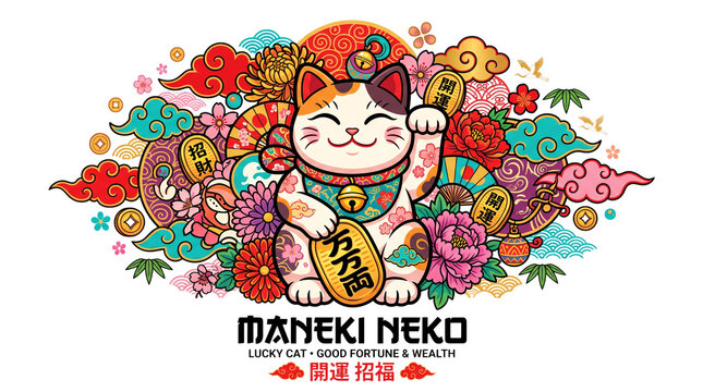 Japanese maneki neko illustration features a colorful ornate design with traditional motifs maneki neko