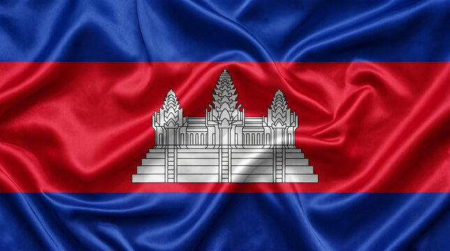 Waving Cambodia national flag background, realistic silk fabric texture