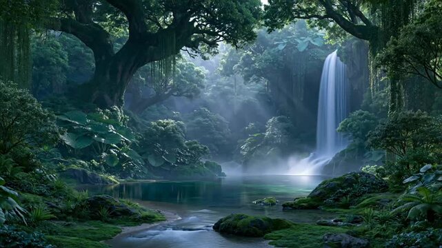 Lush forest waterfall flowing into a secluded lagoon