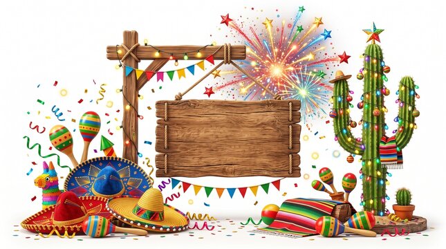 Mexican independence day celebration elements around a wooden sign