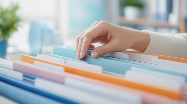 A hand is seen selecting a file from a row of colorful folders, indicating organization and document management in an office setting.