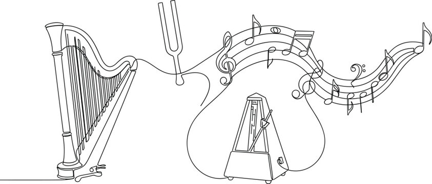 Continuous One Line Musical Instruments and Music Notes Minimalist Vector Illustration