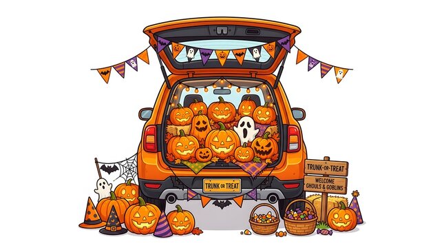 A vibrant halloween trunk or treat display featuring pumpkins decorations and a festive spooky atmosphere for trick or treaters
