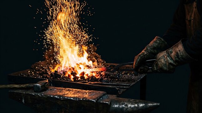 Close-up of a blacksmith holding glowing red hot iron in a fiery forge.