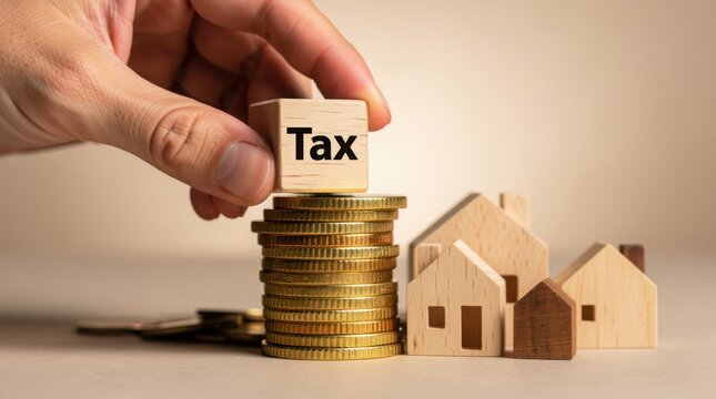 A hand places a wooden block labeled "Tax" atop a stack of coins next to small wooden house models, symbolizing property tax or real estate finance.