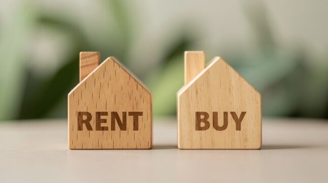 Two wooden house-shaped blocks labeled "RENT" and "BUY" representing housing options.