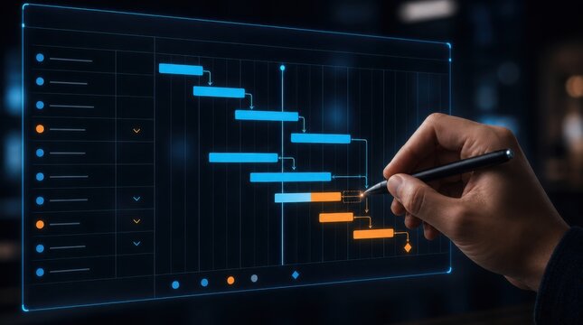A hand using a stylus interacts with a digital Gantt chart, highlighting project timelines and task progress on a transparent screen.