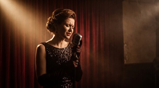 Vintage Female Singer Performing Emotional Song on Stage