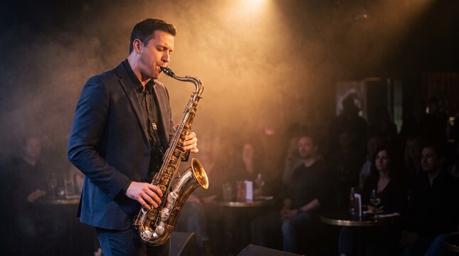 Saxophonist Performing Live at Jazz Club with Stage Lighting