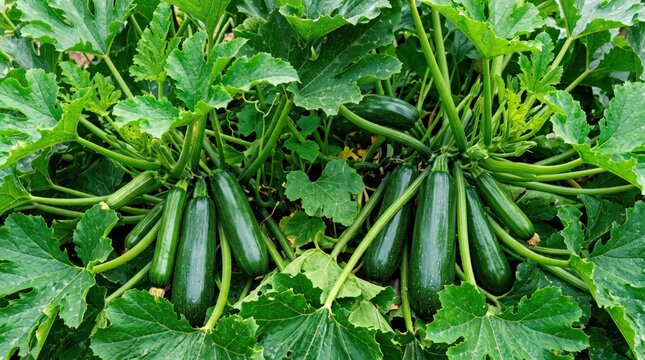 Several dark green zucchini squashes growing on a lush plant with large, jagged leaves in a vegetable garden, close-up view of ripening summer vegetables on the vine
