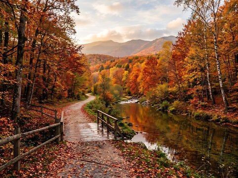Beautiful path through a colorful forest with a small wooden bridge over a stream during the autumn season