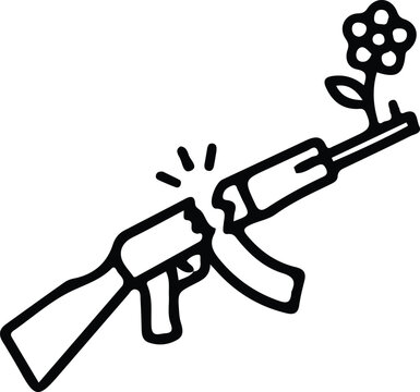Broken Gun With Flower Peace Line Art Vector Illustration