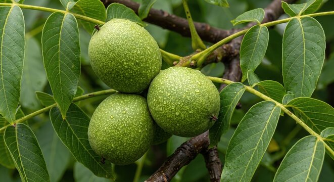 Three green, unripe walnuts with water droplets hanging from a brown tree branch surrounded by vibrant, pinnate green leaves in a natural orchard setting