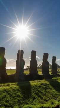 Seven Ahu Akivi Moai, which are the only Moai to face the sea. Easter Island.
