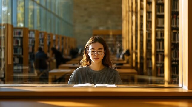 Young woman reading an open book in a sunlit library