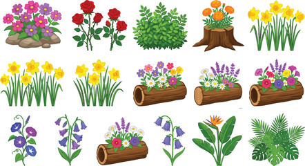 Fototapeta premium Beautiful Cartoon Garden Flowers and Plants Element Set with Roses Daffodils Logs and Tropical Leaves for Landscape Vector Designs