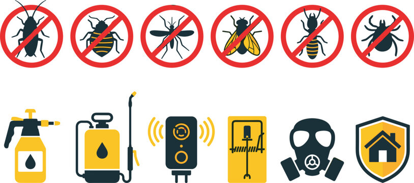 Pest Control and Extermination Icon Set with Warning Signs for Insects, Spray Bottles, Mousetrap, Gas Mask, and Home Protection Symbols
