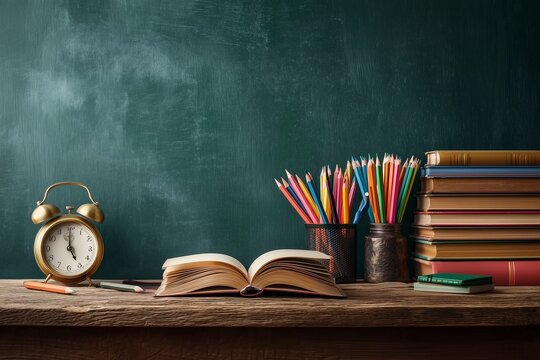 Classroom Still Life with Open Book, Alarm Clock and Colorful Pencils