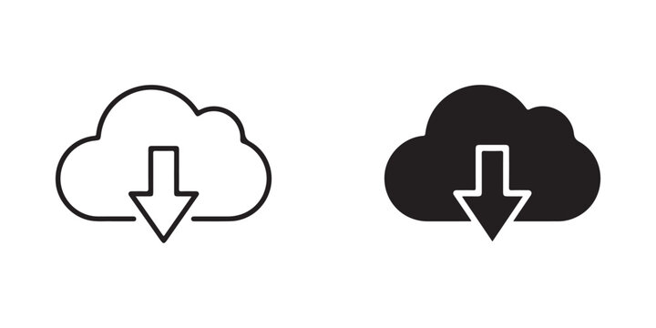 Download cloud icon with arrow symbol in white and black versions isolated on transparent background