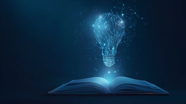 Glowing Light Bulb Floating Above an Open Book on Dark Blue Background