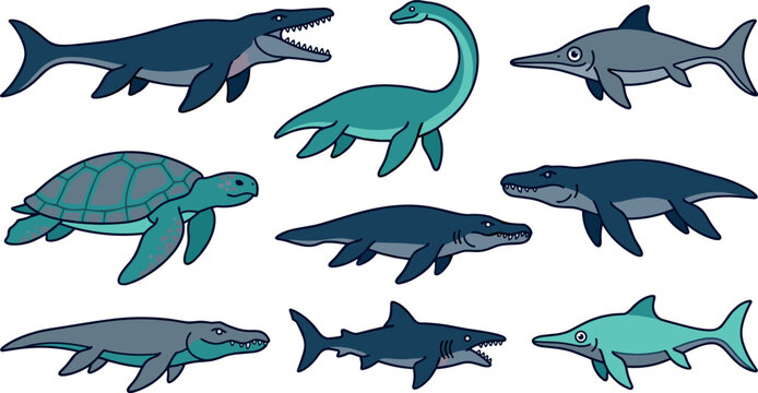 Dinosaur marine prehistoric extinct ocean aquatic reptile vector icon collection featuring plesiosaur, mosasaur, ichthyosaur, ancient shark, and jurassic sea creature illustrations
