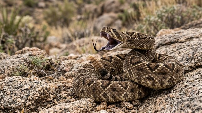 Coiled rattlesnake striking with open mouth on rocks desert terrain