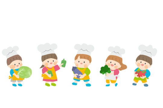 コック姿で野菜を手にする5人の子どもたちのイラスト