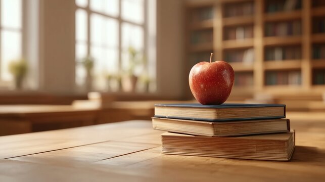 Red Apple on Stacked Books in a Sunlit Library