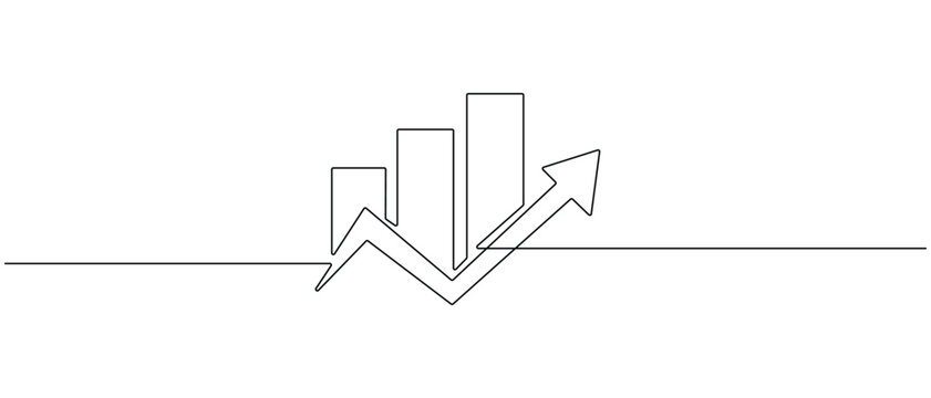 Linear drawing of decreasing bar graph with downward arrow signifying decline. None editable stroke, Continuous line drawing of business growth bar chart with arrow, minimal financial stock market 