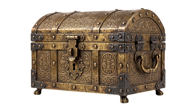 Antique brass treasure chest with ornate engravings, vintage metal pirate trunk, decorative golden jewelry box for storage and gaming isolated PNG with Transparent Background