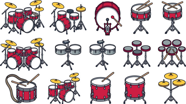 Acoustic Drum Kit and Percussion Instrument Vector Icon Set Featuring Cymbals, Snares, Tom-Toms, Bass Drums, and Electronic Pads for Music Designs