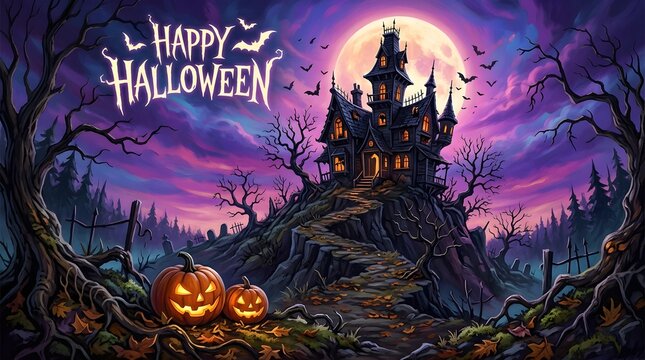 A spooky and enchanting halloween scene featuring a haunted castle under a vibrant full moon